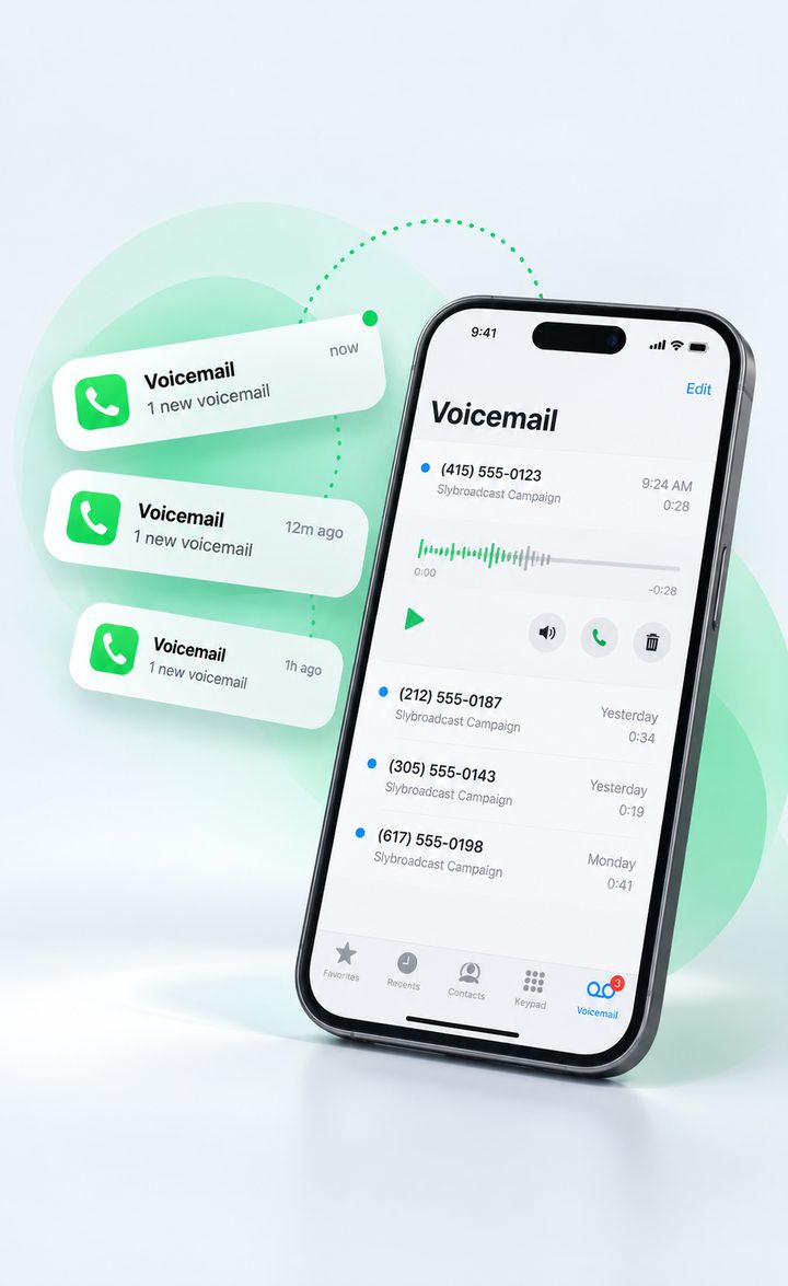 Notificaciones de nuevos mensajes de voz junto a la bandeja del buzón de voz de un teléfono con mensajes de campañas de Slybroadcast