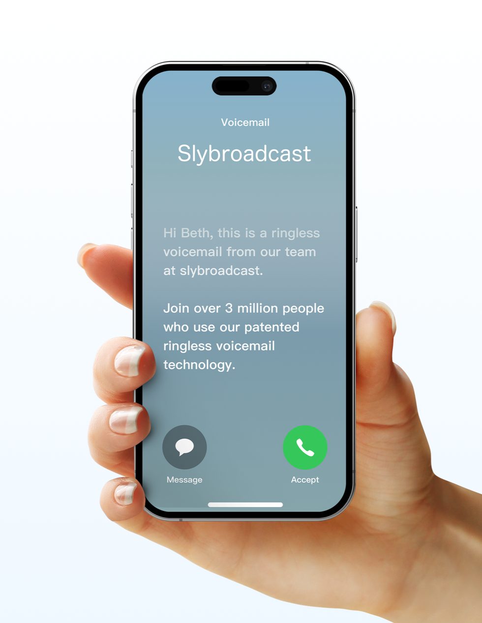 Un teléfono que muestra un mensaje de buzón de voz sin timbre de Slybroadcast, con los botones Mensaje y Aceptar